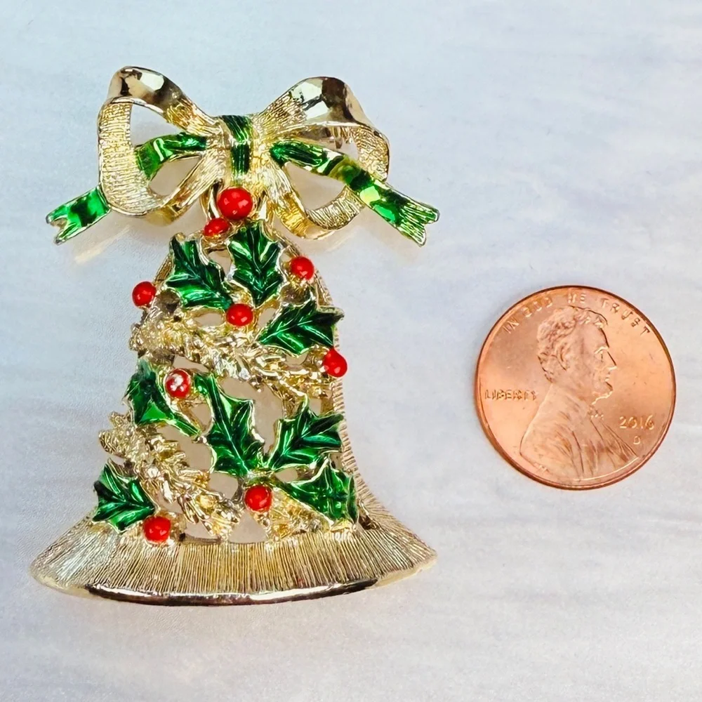 Vintage goldtone, movable, holiday festive Christmas, red, green, bell brooch